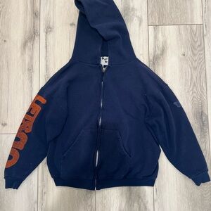 Vintage Free City Navy Blue Zipper Hoodie with Orange Sleeve Print